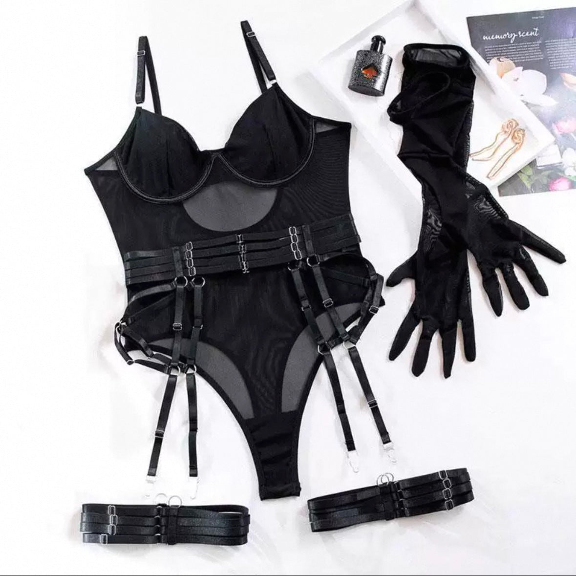 帶鋼圈透視束腰大腿環連身衣(2色)