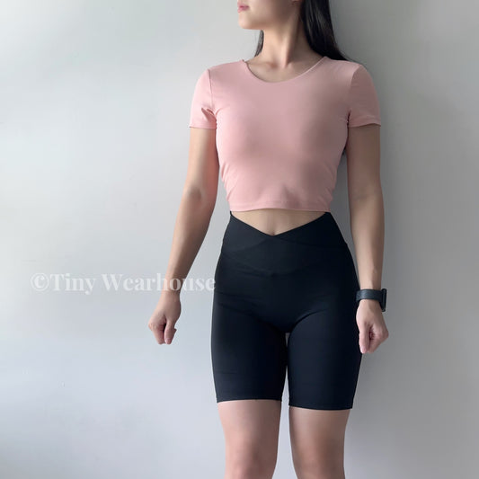 V字交叉褲頭高腰柔軟五分運動短褲(4色)