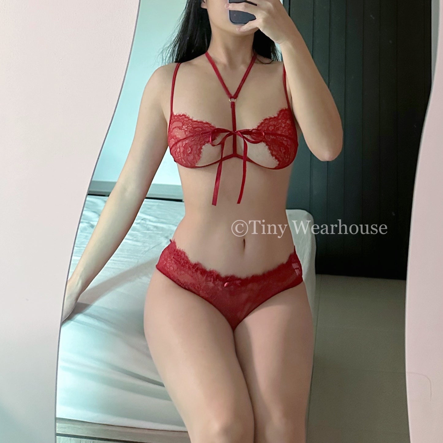 掛脖蝴蝶結蕾絲兩件式情趣內衣（3色）