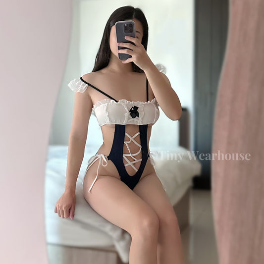 交叉線條大辣女僕開檔連身衣