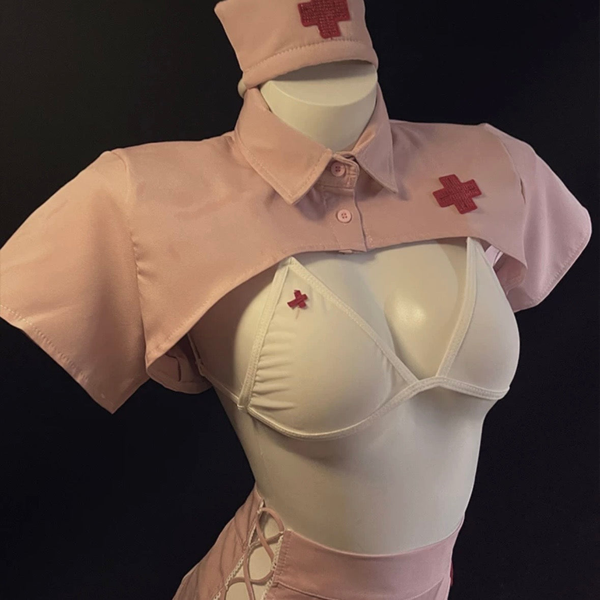 粉嫩側抽繩透膚四件式小護士服情趣內衣