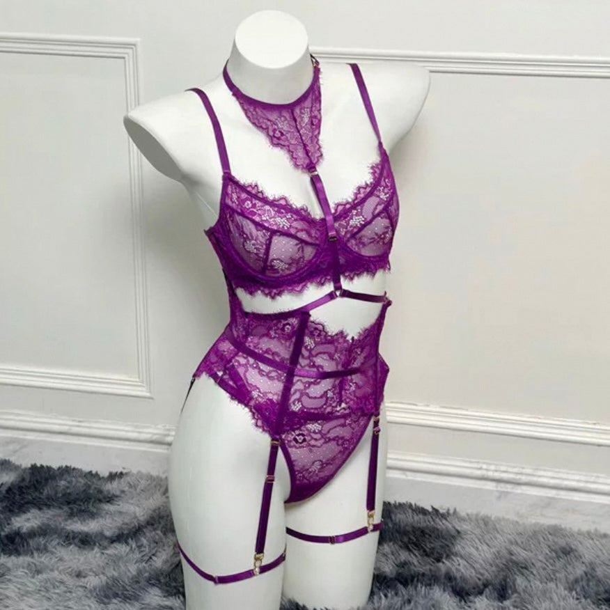 色氣紫掛脖透視四件套情趣內衣