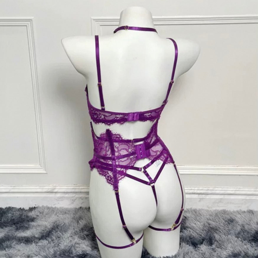 色氣紫掛脖透視四件套情趣內衣