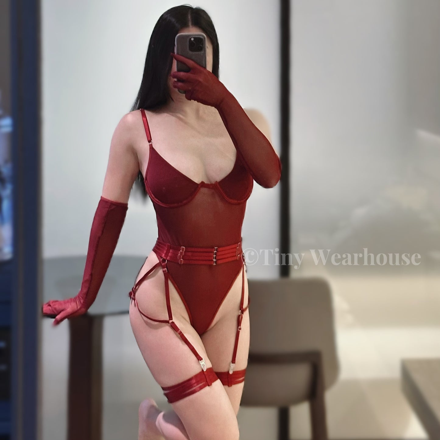 帶鋼圈透視束腰大腿環連身衣（2色）