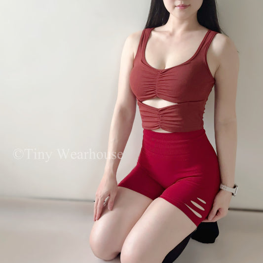 帶胸墊前抓皺鏤空寬肩運動背心（3色）