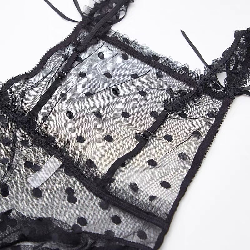 透膚蕾絲波點開檔連身衣