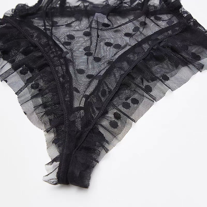 透膚蕾絲波點開檔連身衣