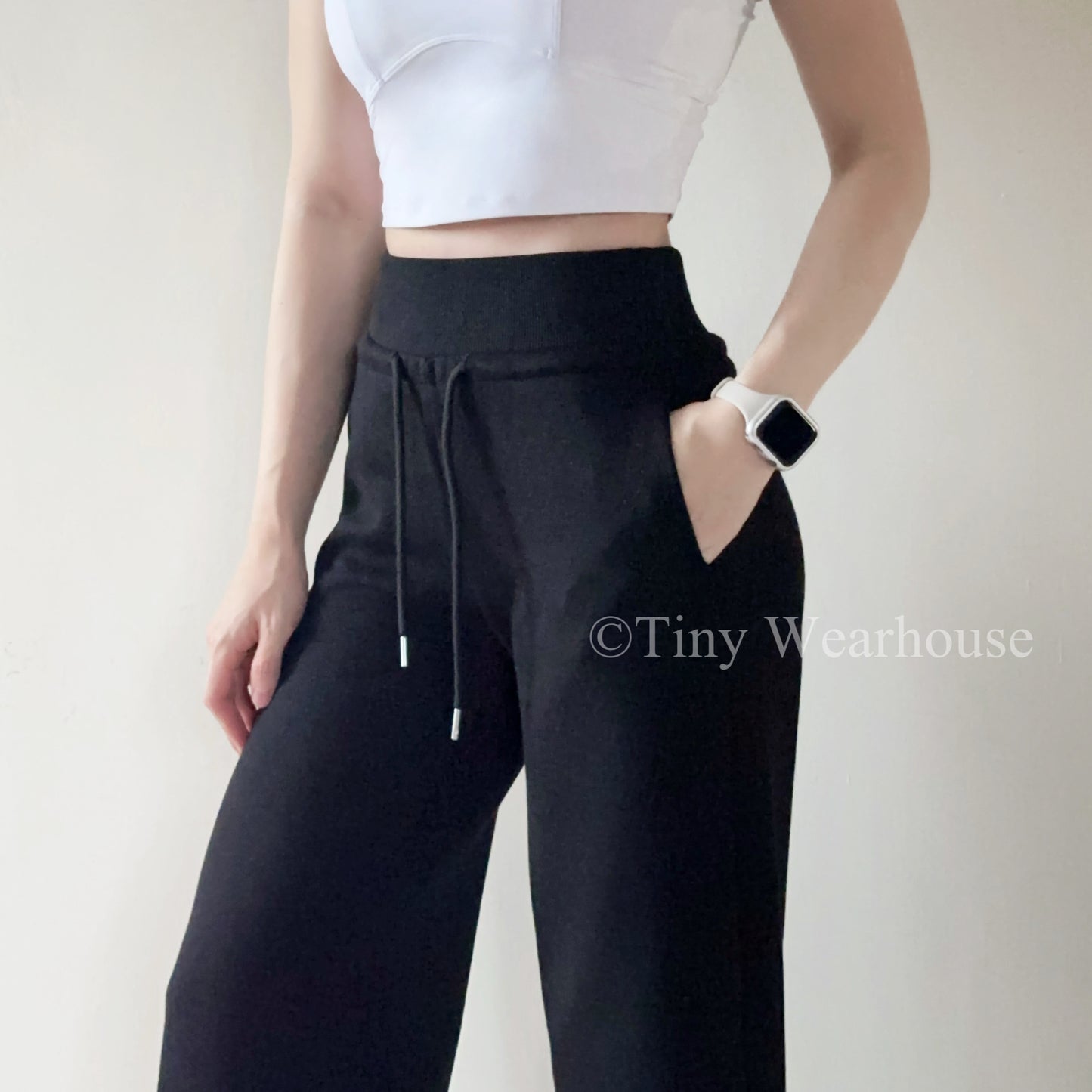 棉質抽繩口袋高腰落地寬褲運動褲（2色）