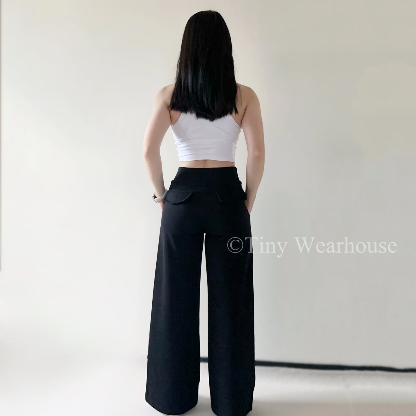 棉質抽繩口袋高腰落地寬褲運動褲（2色）