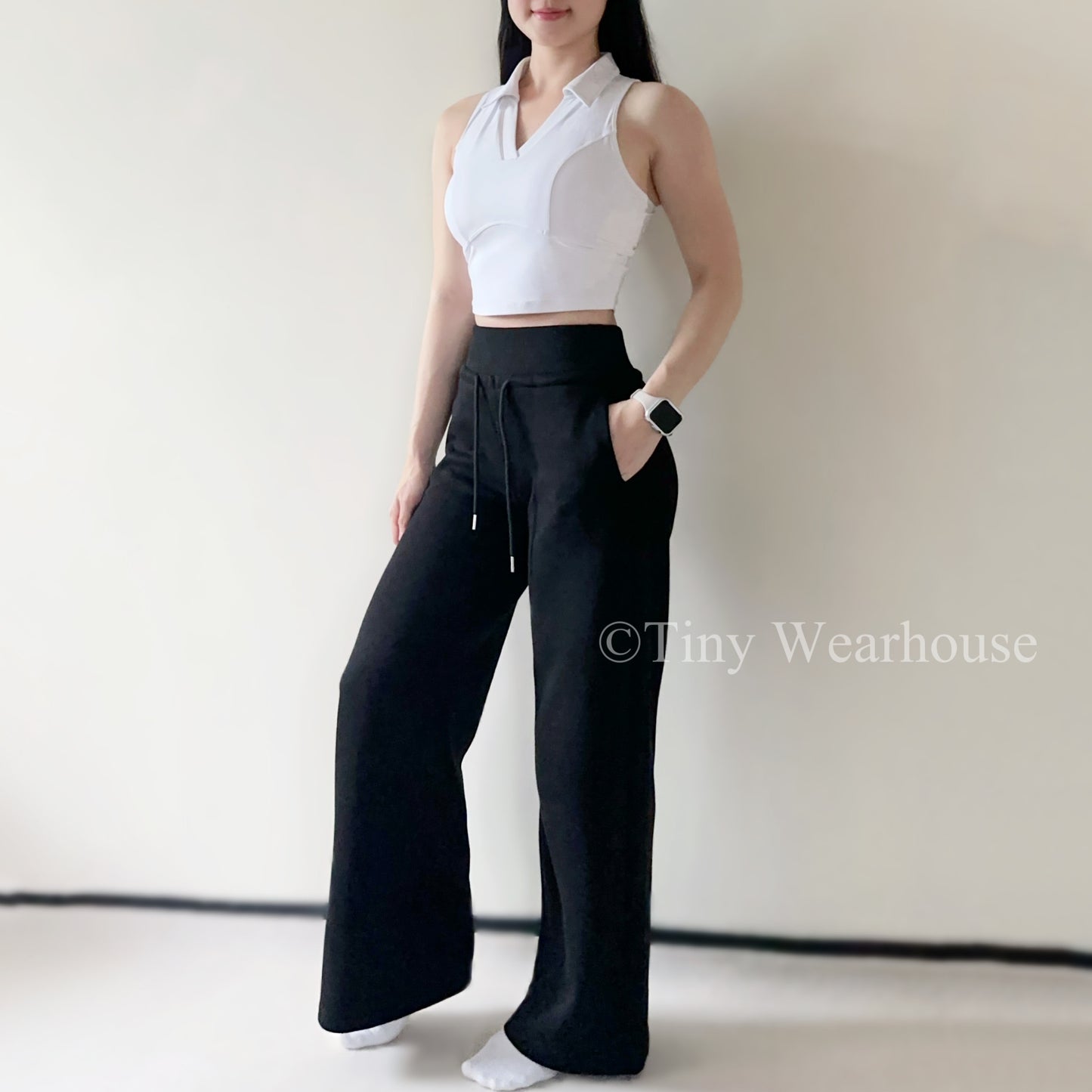 棉質抽繩口袋高腰落地寬褲運動褲（2色）