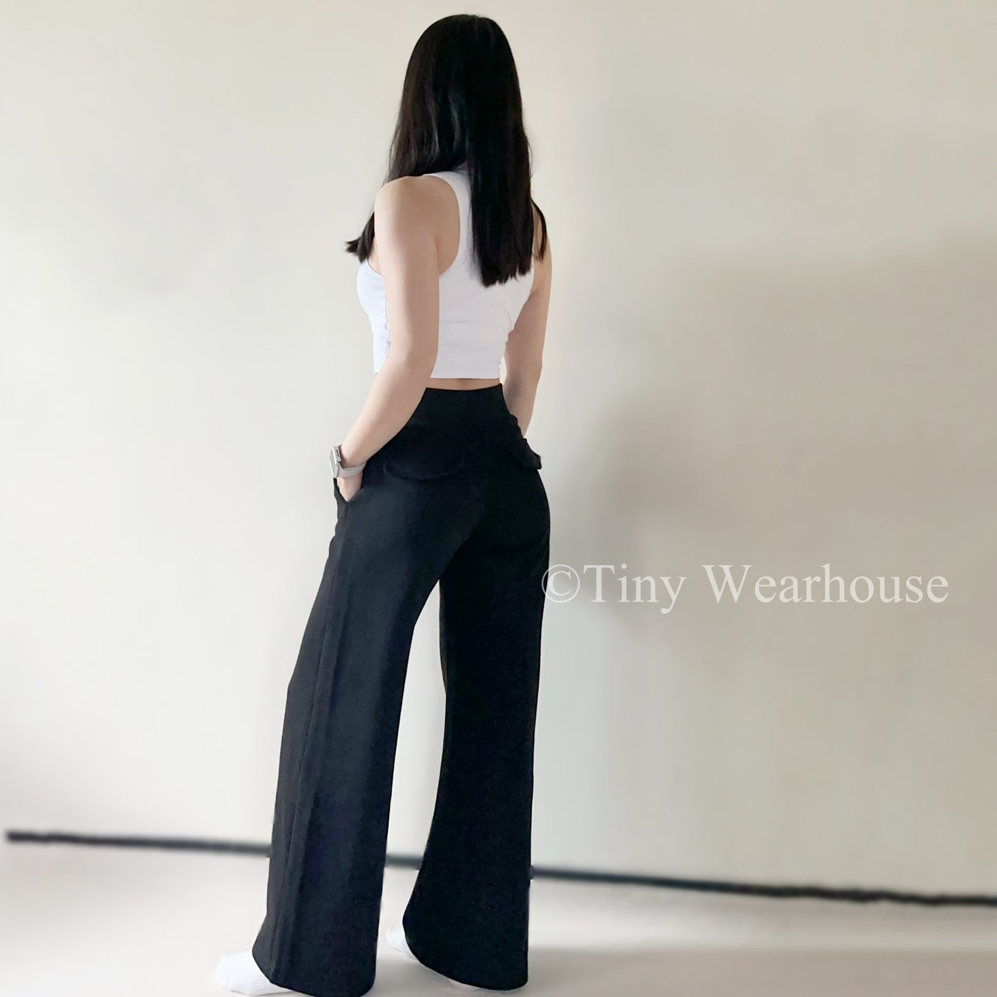 棉質抽繩口袋高腰落地寬褲運動褲（2色）