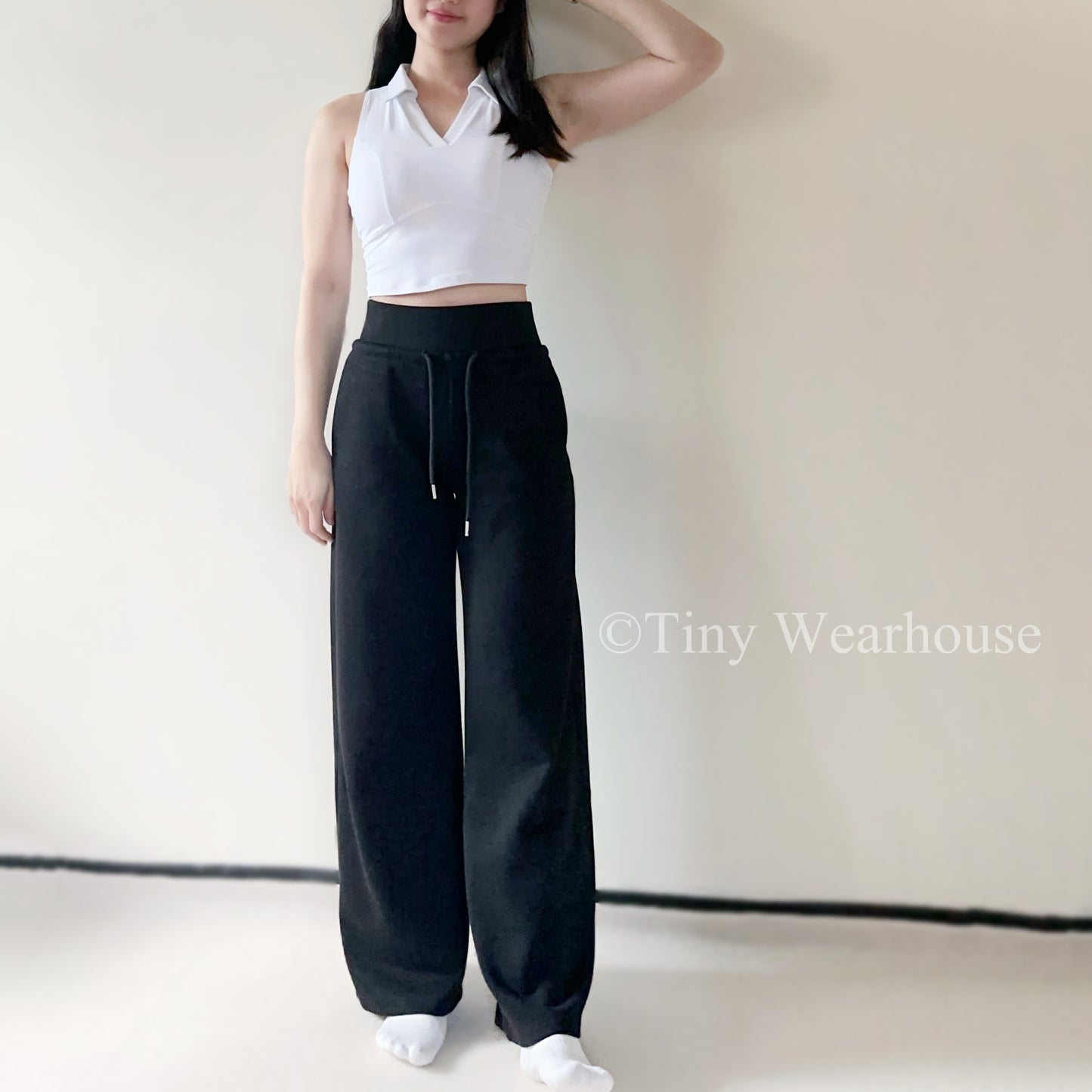 棉質抽繩口袋高腰落地寬褲運動褲（2色）