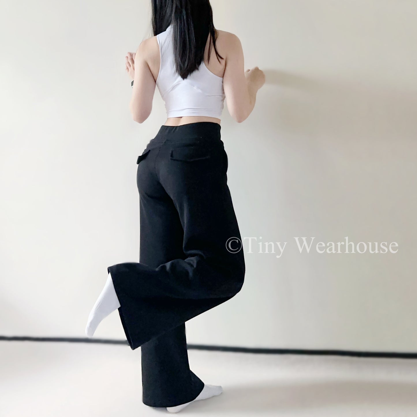 棉質抽繩口袋高腰落地寬褲運動褲（2色）