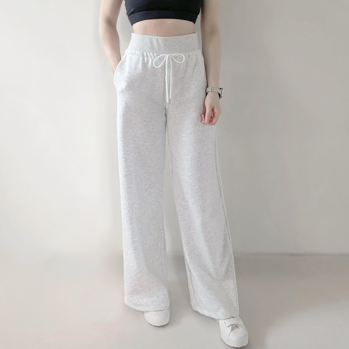 棉質抽繩口袋高腰落地寬褲運動褲（2色）