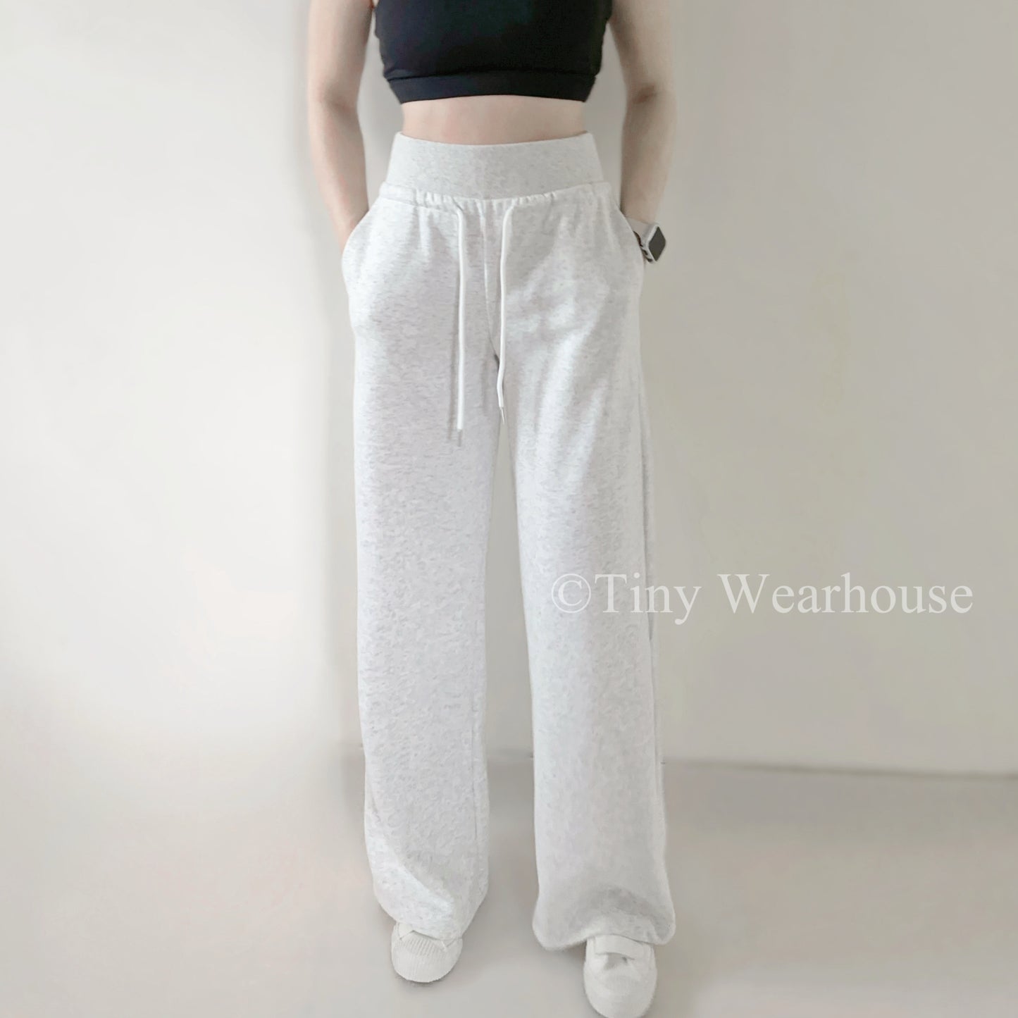 棉質抽繩口袋高腰落地寬褲運動褲（2色）