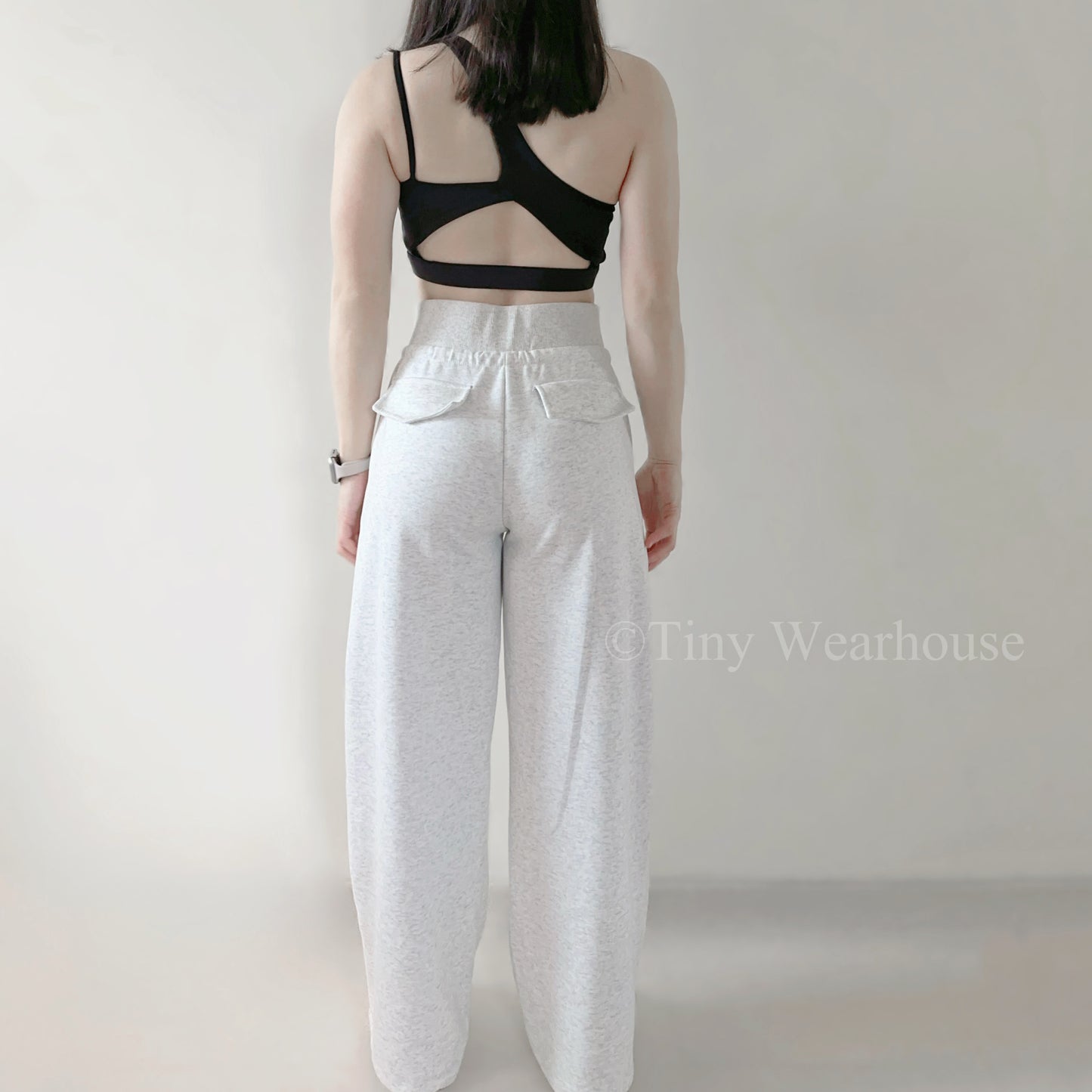 棉質抽繩口袋高腰落地寬褲運動褲（2色）