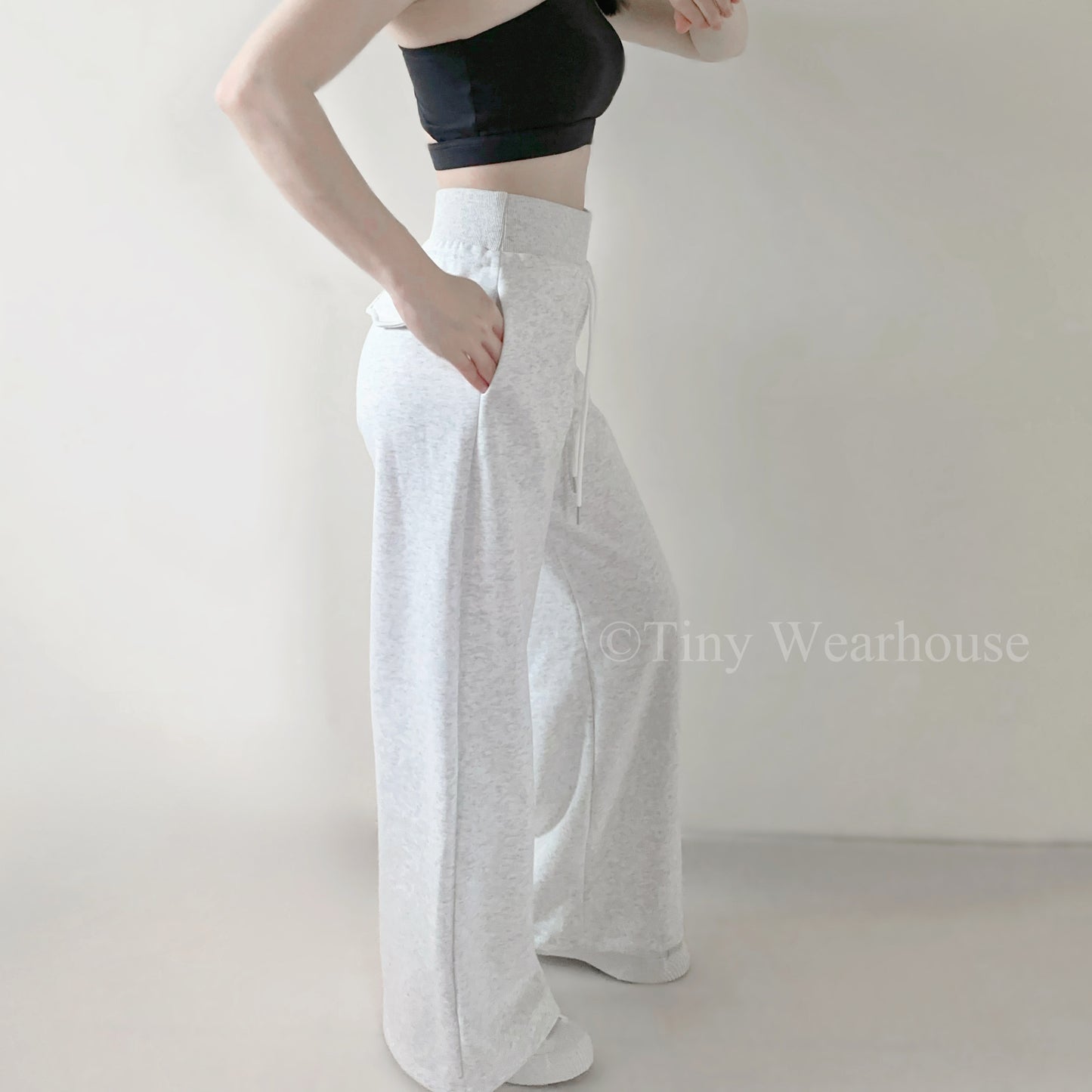 棉質抽繩口袋高腰落地寬褲運動褲（2色）