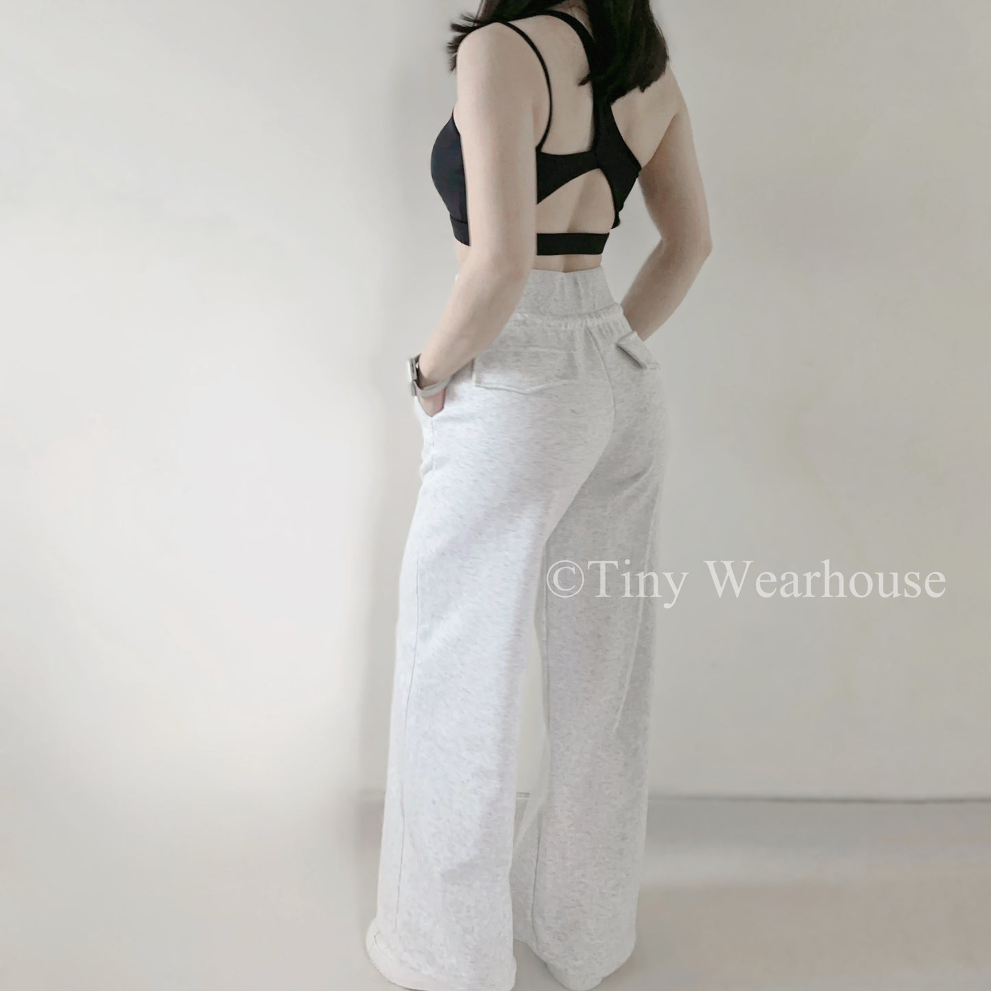 棉質抽繩口袋高腰落地寬褲運動褲（2色）