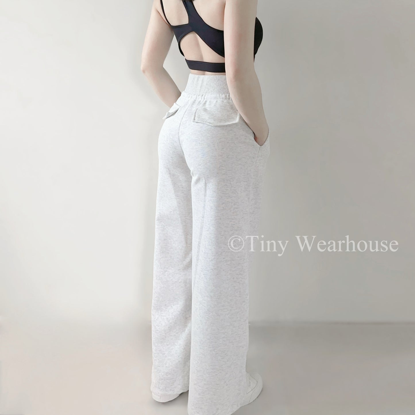 棉質抽繩口袋高腰落地寬褲運動褲（2色）