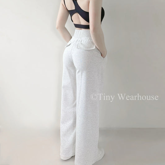 棉質抽繩口袋高腰落地寬褲運動褲（2色）