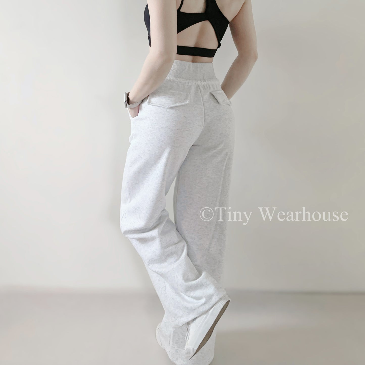 棉質抽繩口袋高腰落地寬褲運動褲（2色）