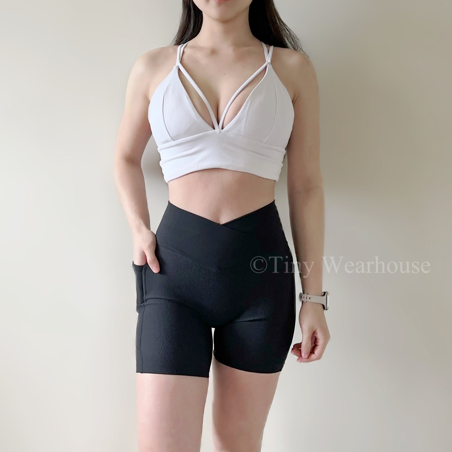 側口袋螺紋V字交叉褲頭四分運動短褲（3色）