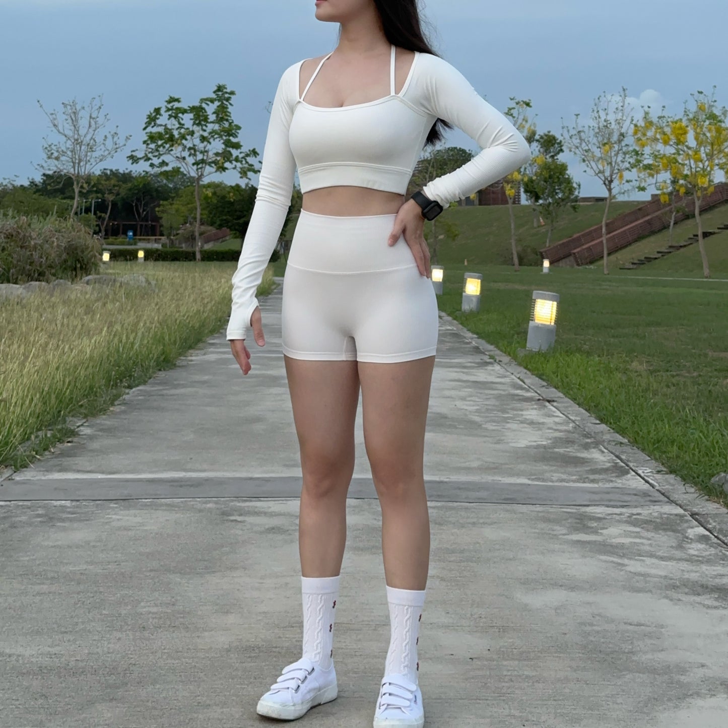 高腰螺紋二分運動短褲（5色）