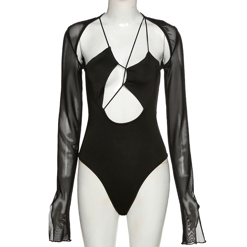 歐美暗黑不規則線條網紗連身衣