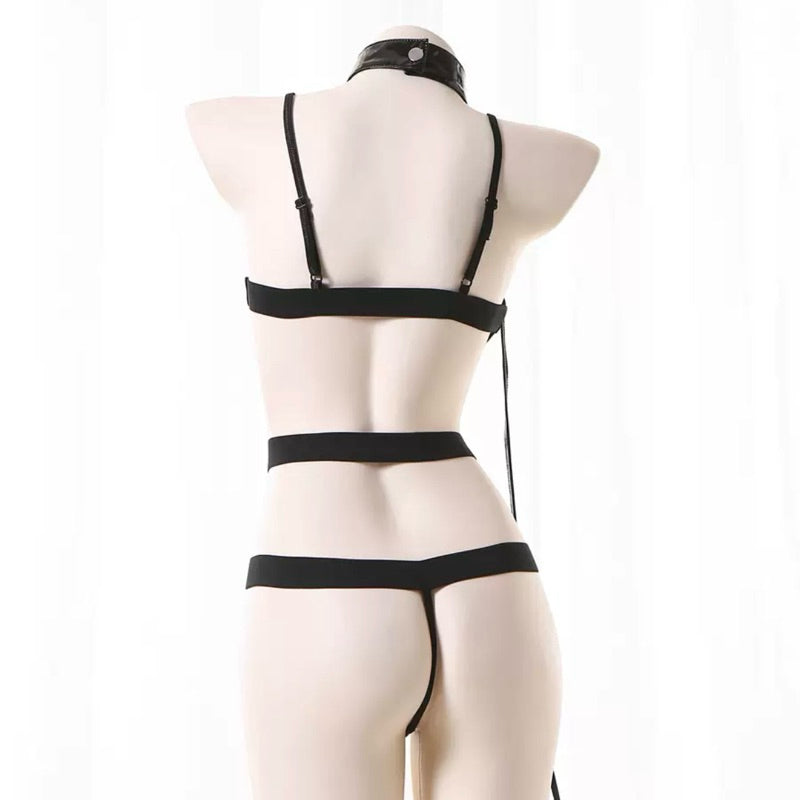 皮革前拉鏈連身衣（附網襪+牽引繩）